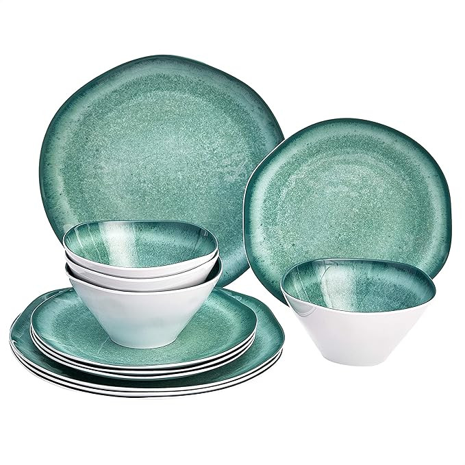 Amazon Basics 12-Piece Melamine Dinnerware Set - Service for 4, Teal Glaze with Rustic Edge | Amazon (US)