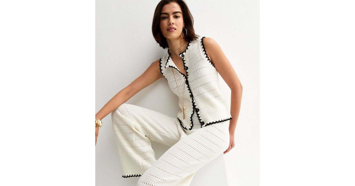 Cream Cotton Rich Blanket Stitch Wide Leg Trousers | New Look | New Look (UK)