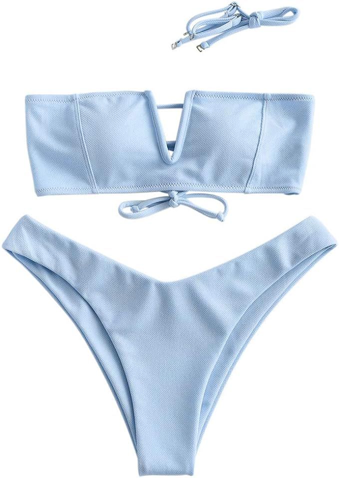 ZAFUL Swimwear V-Wired Ribbed Textured Tie Knot Back Padded Bikini Thong Two Piece Swimsuits | Amazon (UK)