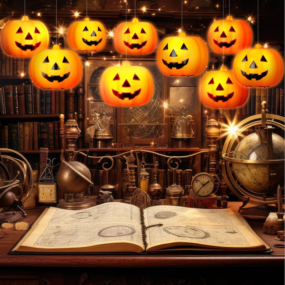 9 Pcs Halloween Floating Pumpkin Lantern LED Plastic Jack O Lantern Pumpkins with Lanyard Hallowe... | Amazon (US)