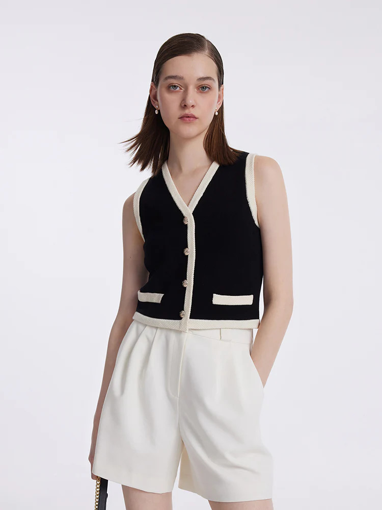 Knit Striped V-Neck Vest Cardigan | GOELIA