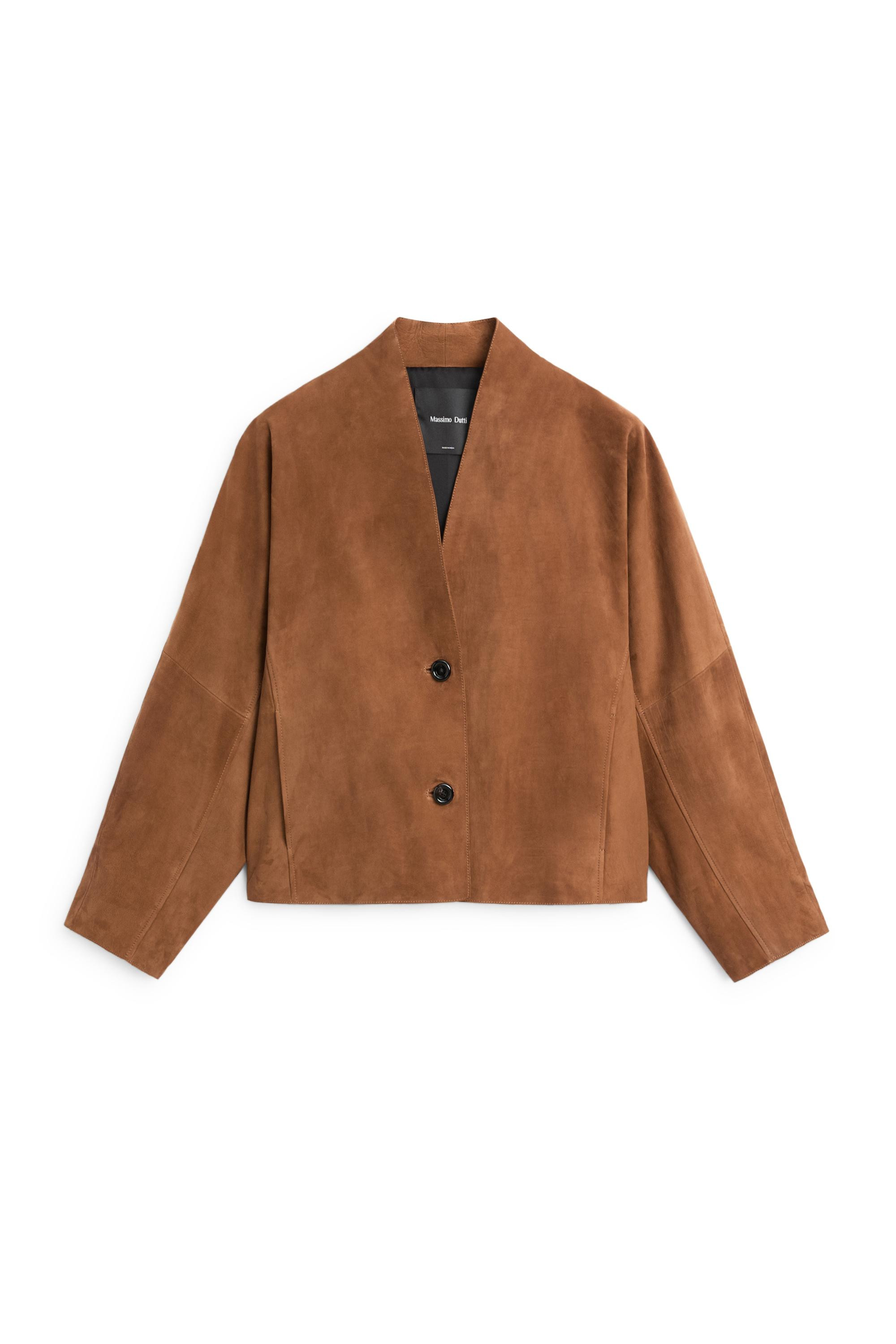 Suede V-neck balloon jacket - CAMEL | Massimo Dutti US