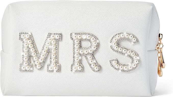 Y1tvei Bride Patch MRS Varsity Letter Cosmetic Toiletry Bag Pearl Rhinestone Letter Patches Bling... | Amazon (US)