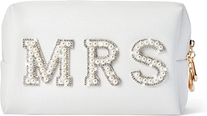 Y1tvei Bride Patch MRS Varsity Letter Cosmetic Toiletry Bag Pearl Rhinestone Letter Patches Bling... | Amazon (US)