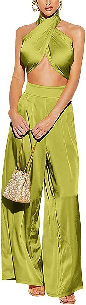 Summer Elegant Two Piece Outfits for Women, Halter Criss Cross Tank Crop Tops and Wide Leg Pants ... | Amazon (US)