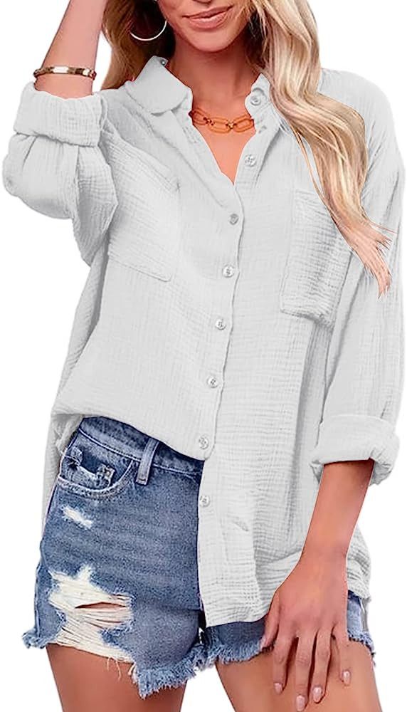 Saudacdn Women Button Down Shirts V Neck Blouse Long Roll Up Cuffed Sleeve Pocket Casual Boyfrien... | Amazon (US)