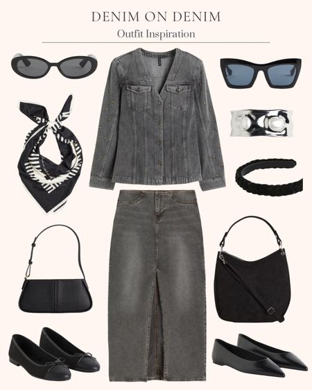 Women’s denim on denim outfit inspiration. Printed scarf. Braided hair band. Silver bead cuff bangle bracelet. Ballet flats. Large black bag. Oval sunglasses. Pointed flats. Small s
Black shoulder bag. Studded denim shacket. Slit hem denim skirt. Cat eye sunglasses  

#LTKover40 #LTKmidsize #LTKfindsunder50