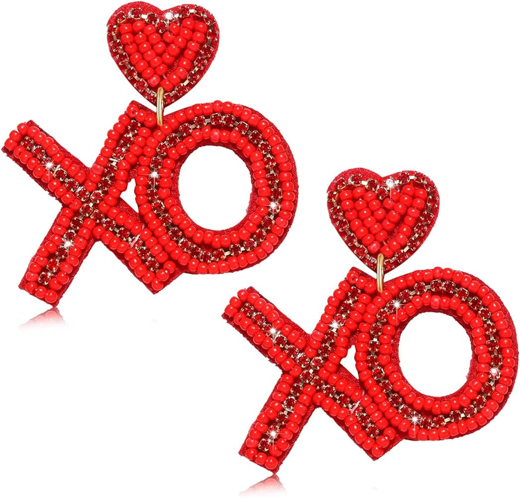 Heart Earrings for Women Hypoallergenic Beaded Statement Dangle Earrings Boho Handmade Red Love H... | Amazon (US)