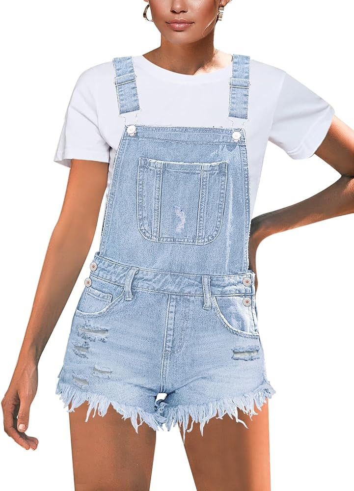 luvamia Women's Ripped Short Overalls Adjustable Denim Bib Overall Shorts Romper | Amazon (US)