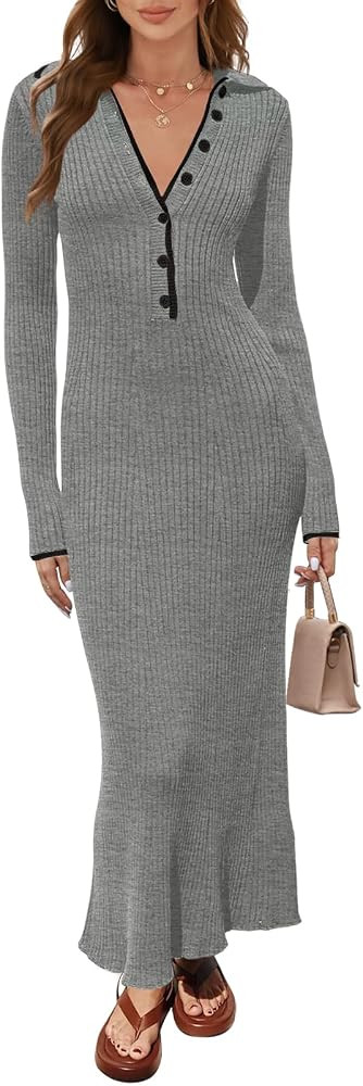 MEROKEETY Women's Long Sleeve V Neck Sweater Dress Button Ribbed Knit Slim Fit Elegant Maxi Dress... | Amazon (US)