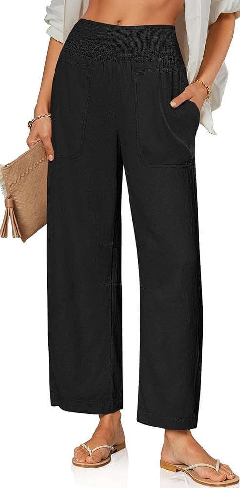 TARSE Women Linen Pants Wide Leg Elastic High Waisted Palazzo Trousers Casual Loose Beach Vacatio... | Amazon (US)