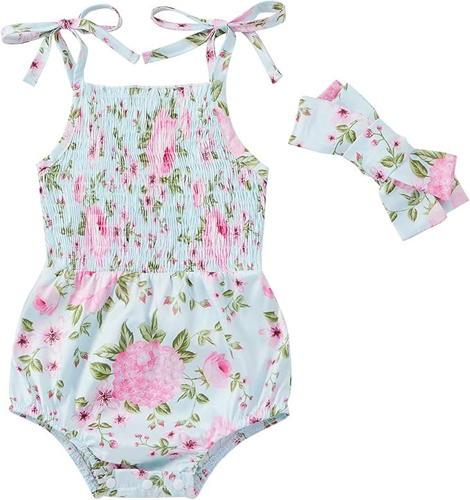 2Pcs/Set Infant Toddler Baby Girl Straps Sleeveless Floral Romper Bow Halter Jumpsuit+Headband Ou... | Amazon (US)