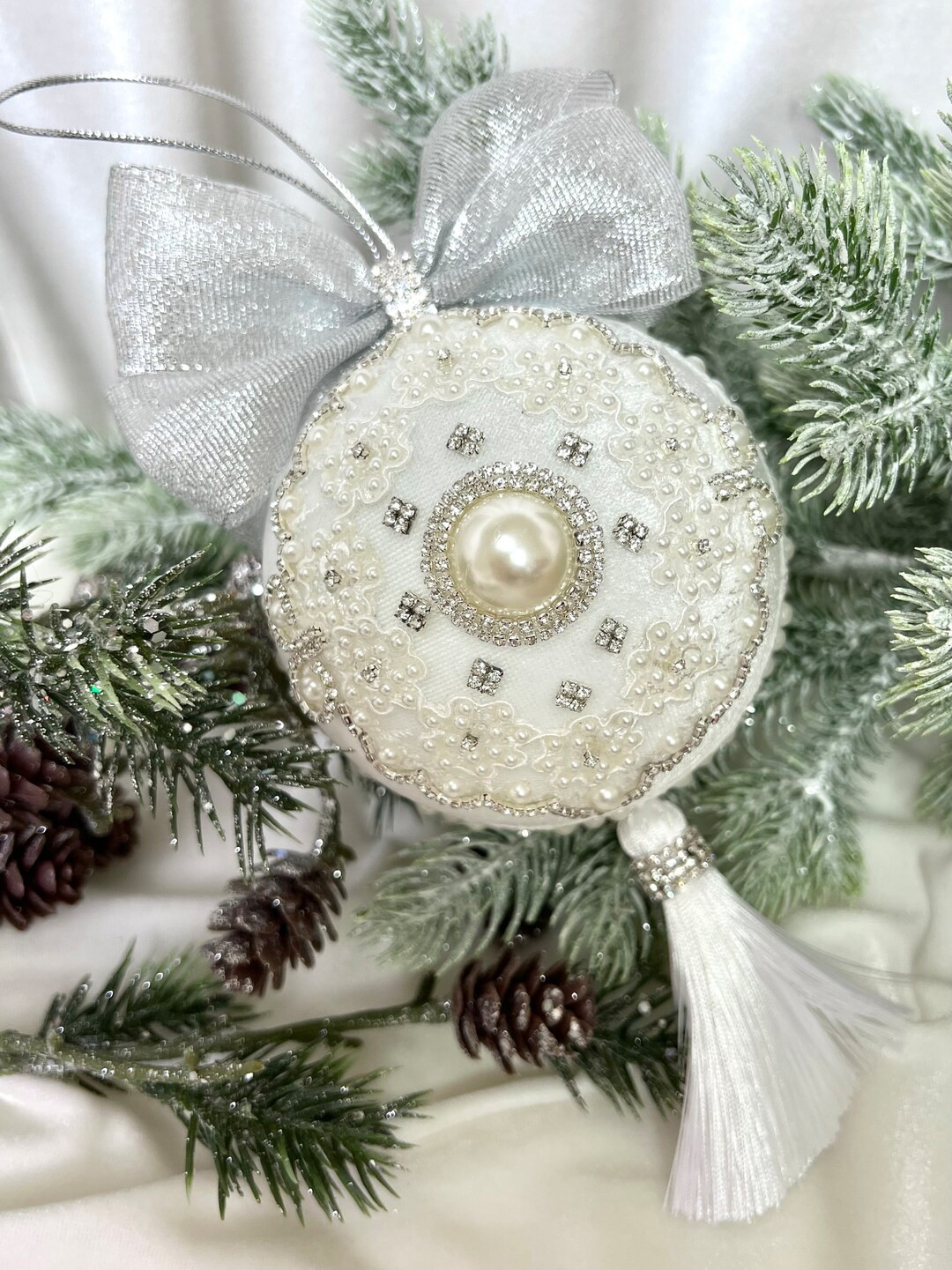 Large 4 Inch Pearl White Rhinestone Ornament, Velvet Christmas Ball, Handmade Ornament, Xmas Deco... | Etsy (US)