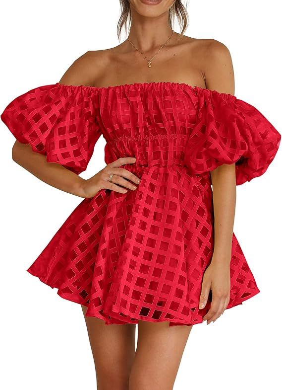 PRETTYGARDEN Women's Off The Shoulder Babydoll Dress Short Puff Sleeve Casual A Line Ruffle Summe... | Amazon (US)