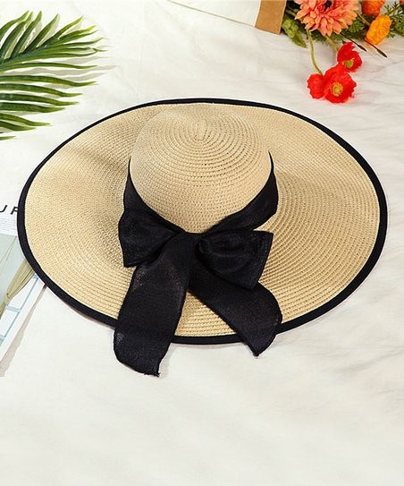 Beige Contrast-Edge Bow Ribbon Straw Sunhat | Zulily