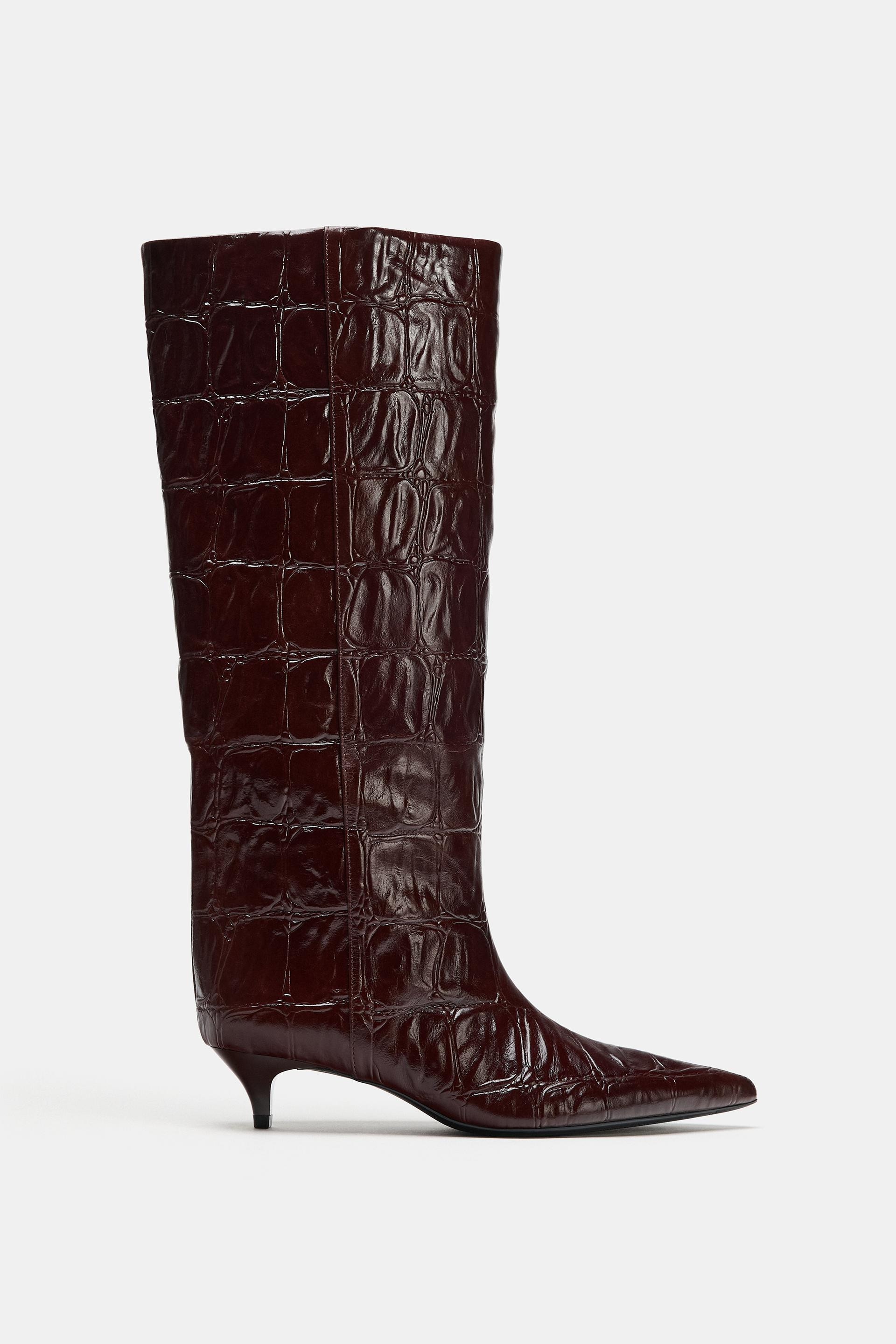 Zara - Leather Animal Print Boots - Burgundy Red - 7½ - Woman | Zara US