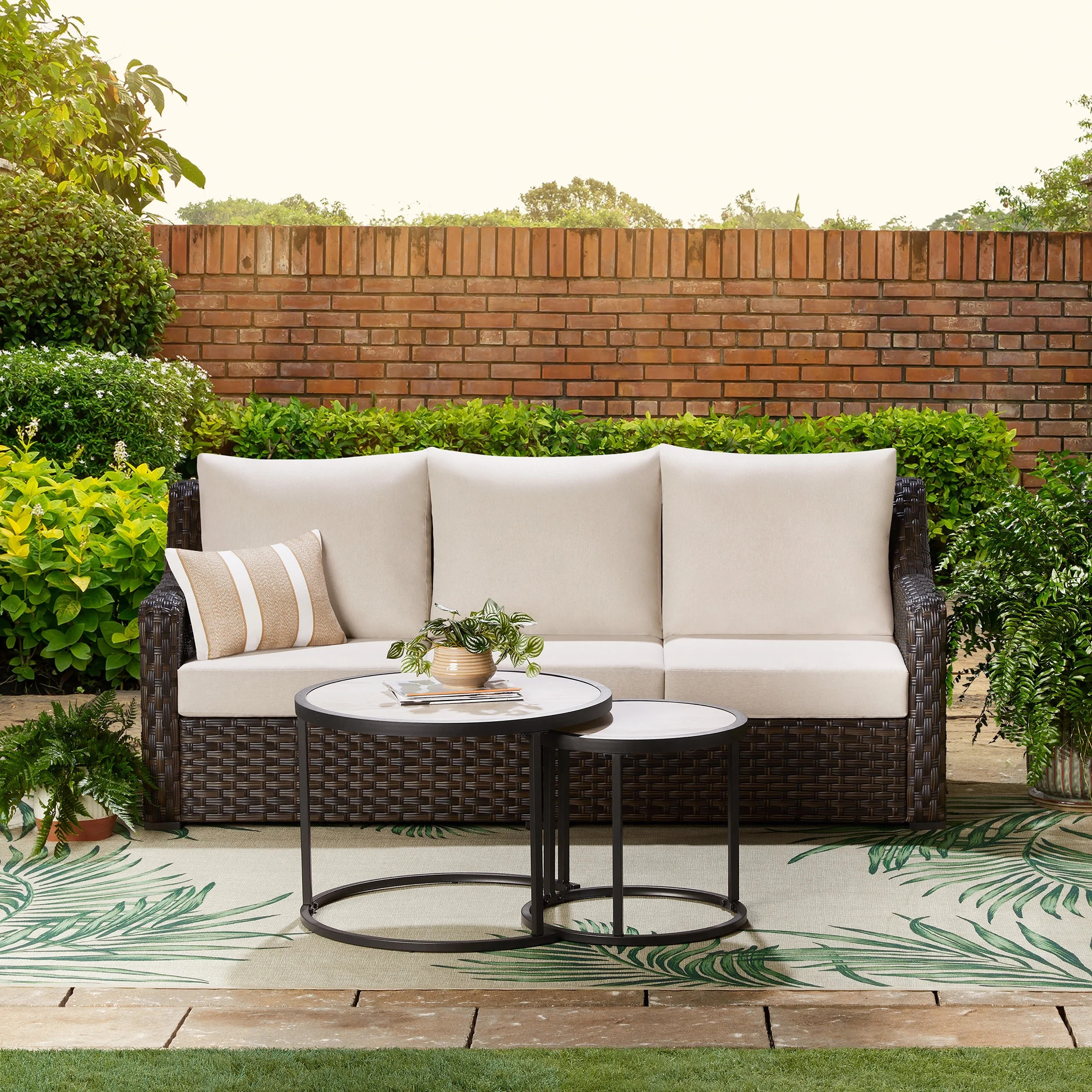 Better Homes & Gardens River Oaks Outdoor Sofa & 2 Nesting Tables with Patio Cover, Dark Brown - ... | Walmart (US)