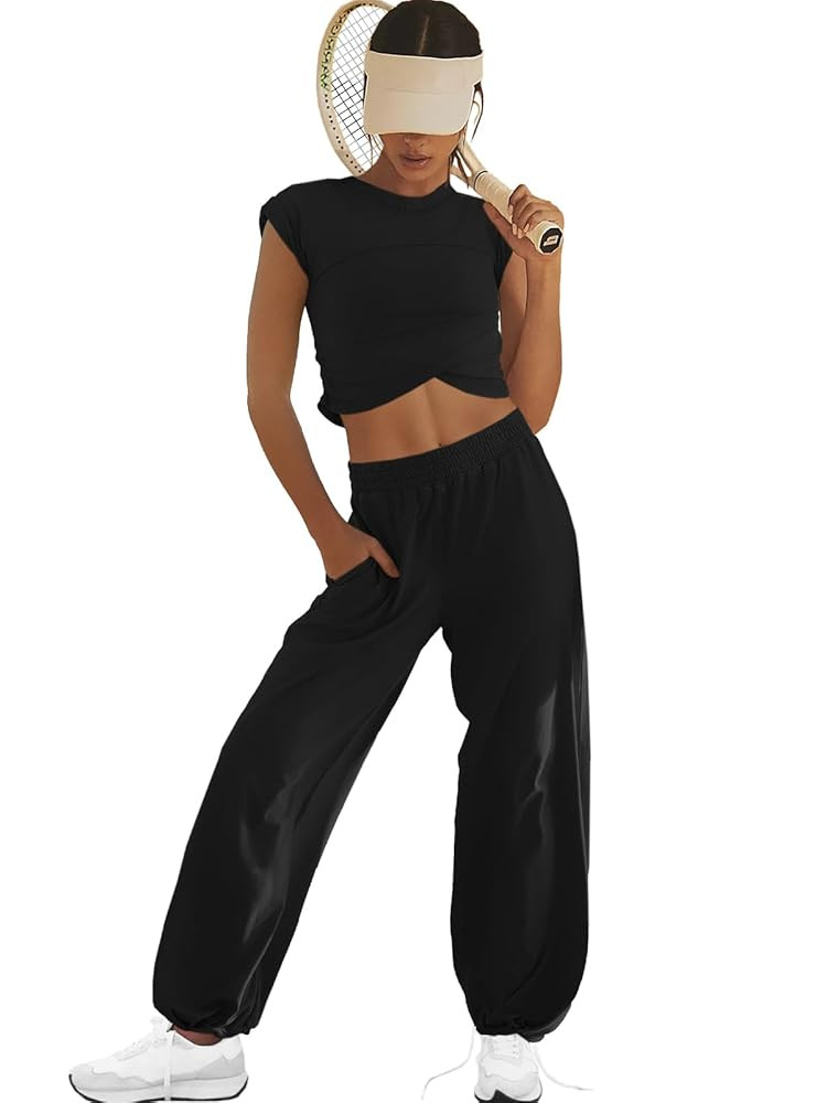LAMISSCHE Womens Loungewear Set 2 Piece Outfits Sets Cropped Tops and Wide Leg Pants with Pockets... | Amazon (US)