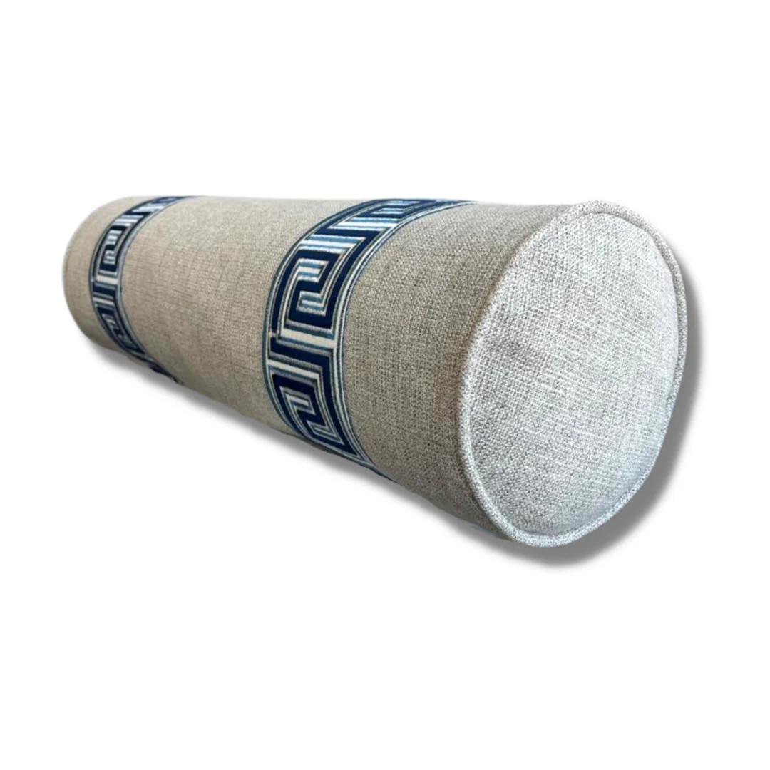 Round Bolster designer flax beige linen tweed mcm boucle with designer tape greek key navy blue c... | Etsy (US)