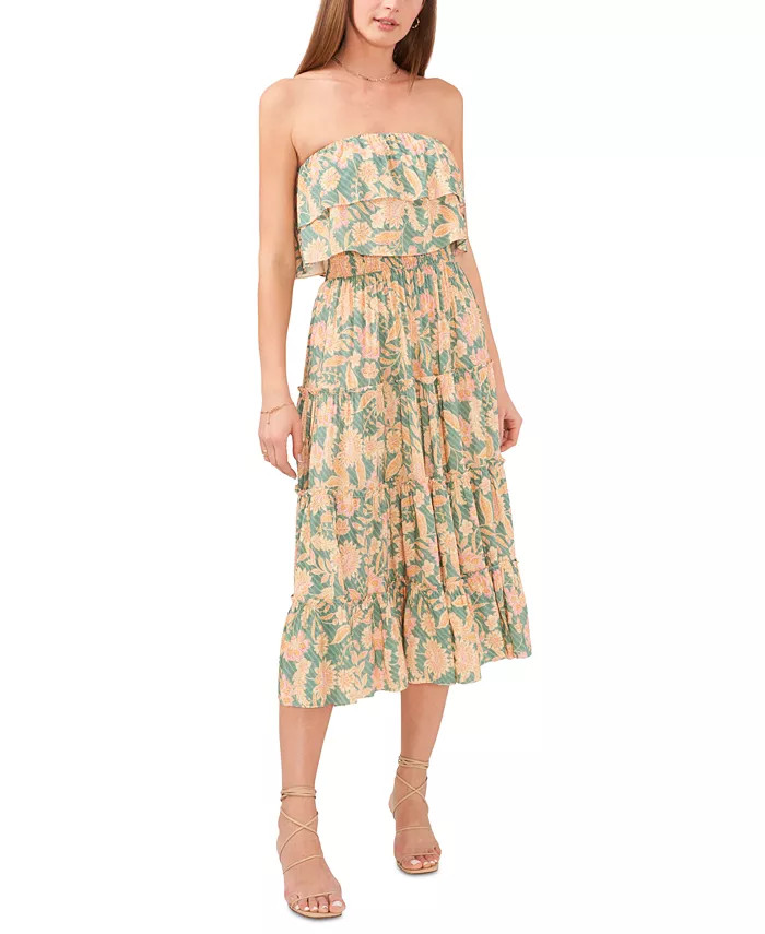 Women's Floral-Print Strapless Ruffle-Tiered Midi Dress | Macy's
