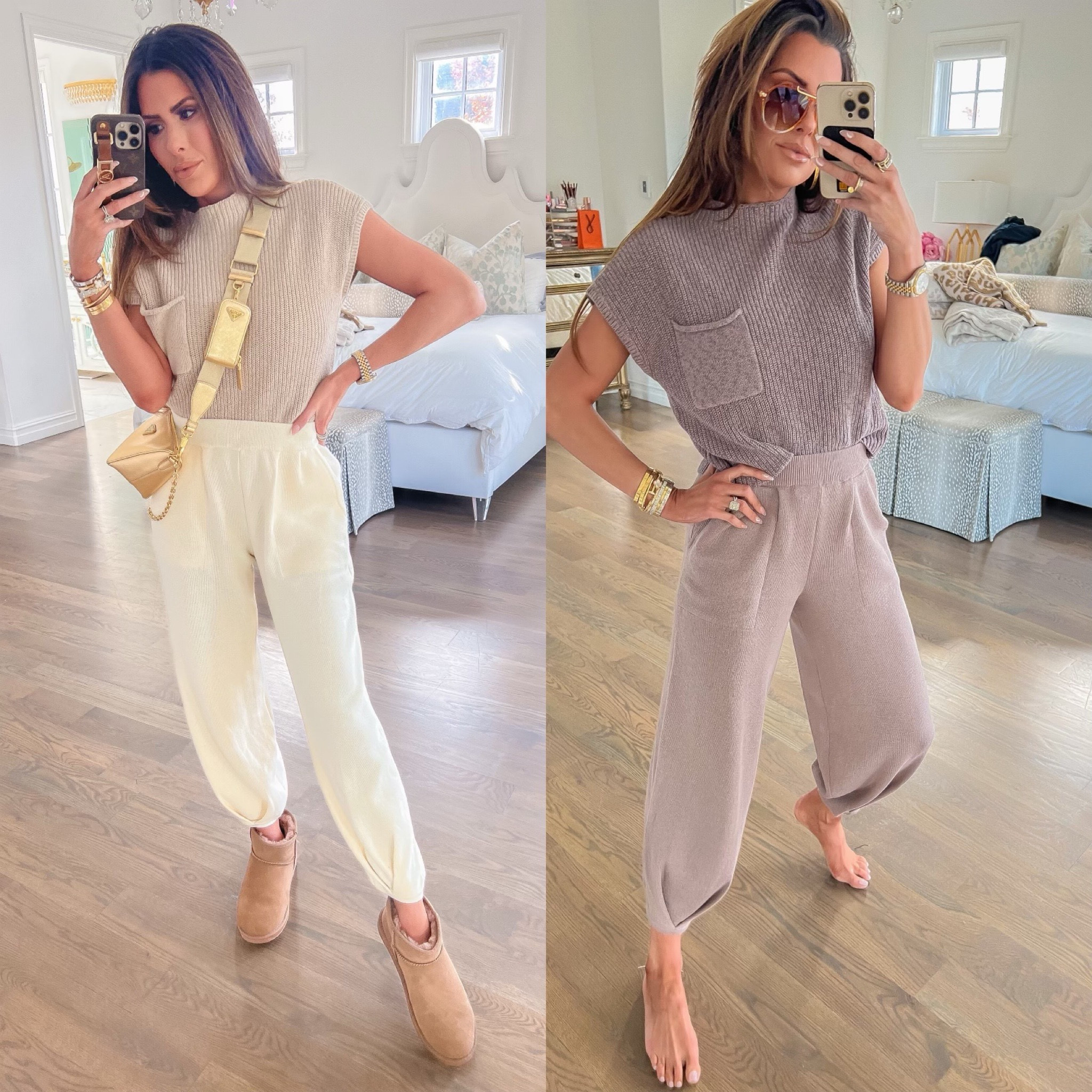 Wearing size small on the left, size extra small on the right. I prefer the XS! Free People, Loungewear set, sweater, casual outfit idea, cardigan, travel outfit, airport outfit, Emily Ann Gemma