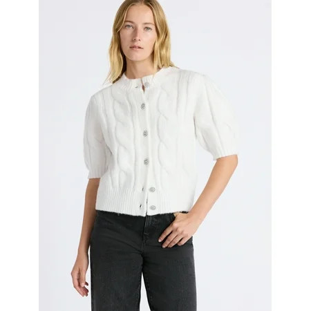 Free Assembly Women s and Women s Plus Cable Cardigan with Short Puff Sleeves Sizes XS-4X | Walmart (US)