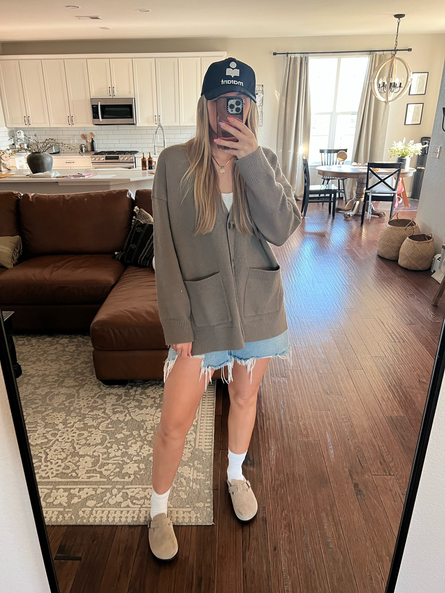 Birkenstock Clog Outfit, School Drop Off Outfit, Casual Look | Sweater is old so I linked this years version, Shorts are TTS, size up a half size in clogs 