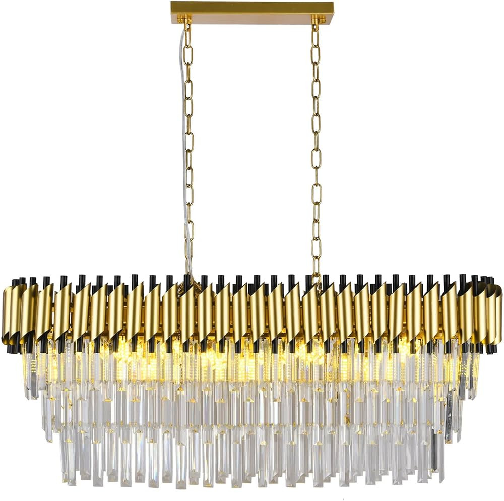 L40in Gold Rectangular Crystal Chandelier For Dinning Room , Luxury K9 Crystal Pendant Ceiling Li... | Amazon (US)