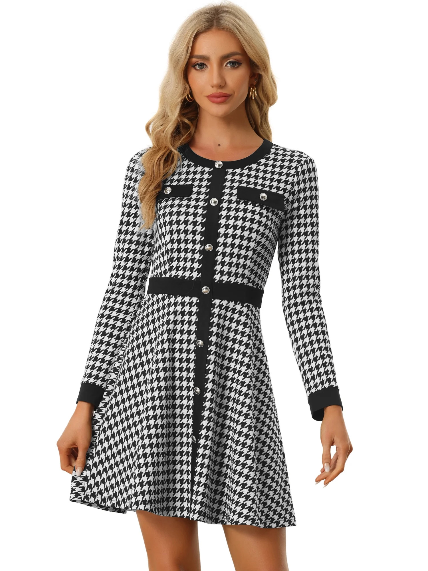 DARING DIVA Houndstooth Round Neck A-Line Elegant Plaid Dress S Black | Walmart (US)