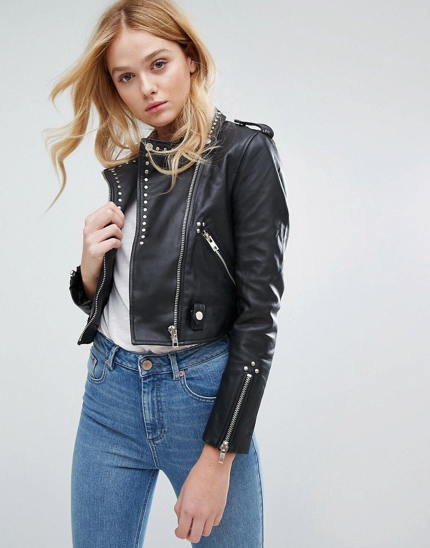 Walter Baker Erika Studded Leather Jacket - Black | ASOS UK