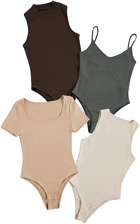 MakeMeChic Women's 4pcs Casual Solid Sleevelss Ribbed Knit Bodysuit Pack | Amazon (US)