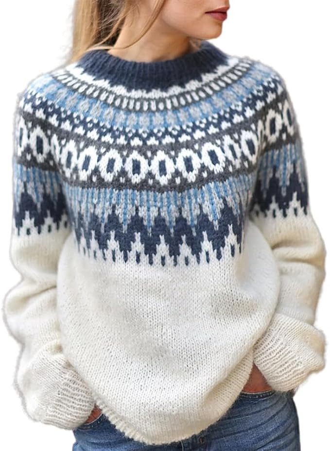 Womens Fair Isle Sweaters Vintage Argyle Iceland Norway Sweater Colorful Crew Neck Long Sleeve Pu... | Amazon (US)