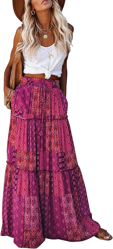 EARKOHA Womens Casual High Waist Tiered Paisley Print Long Maxi Skirt with Pockets | Amazon (US)