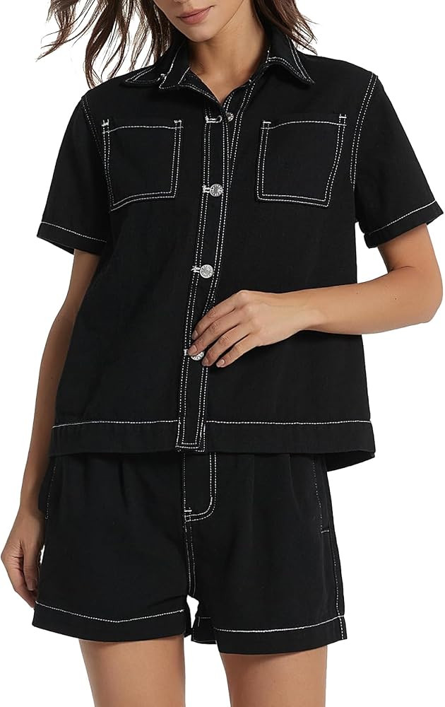 Kedera Summer Denim Set for Women 2 piece Casual Short Sleeve Boxy Shirt Tops and Shorts Pants Lo... | Amazon (US)