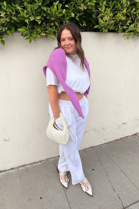 loved this dinner fit 💜 used a crop tuck with an oversized tee for my top with  my fav white linen pants! (Shoes are on my TikTok shop) 

#LTKstyletip #LTKfindsunder50 #LTKSeasonal