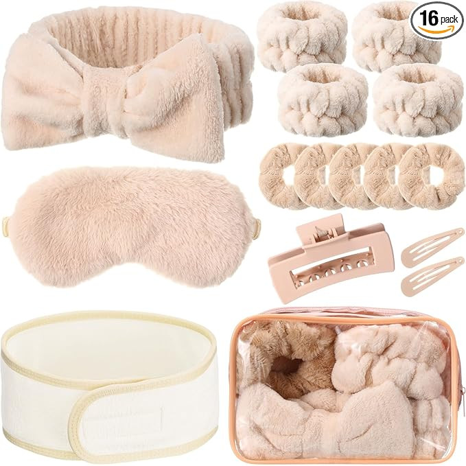 16 Pcs Skin Care Headband Set 2 Spa Headband 1 Plush Sleep Eye Mask 4 Skin Care Wristbands 5 Velv... | Amazon (US)