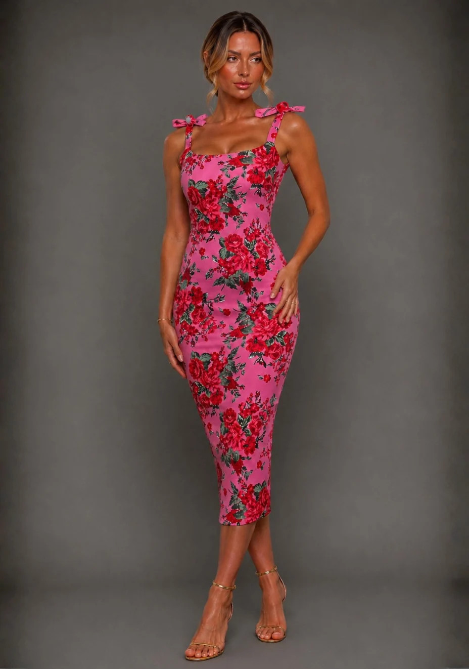 Soraya | Bodycon Tie Strap Pink Floral Midaxi Dress | VSPR US