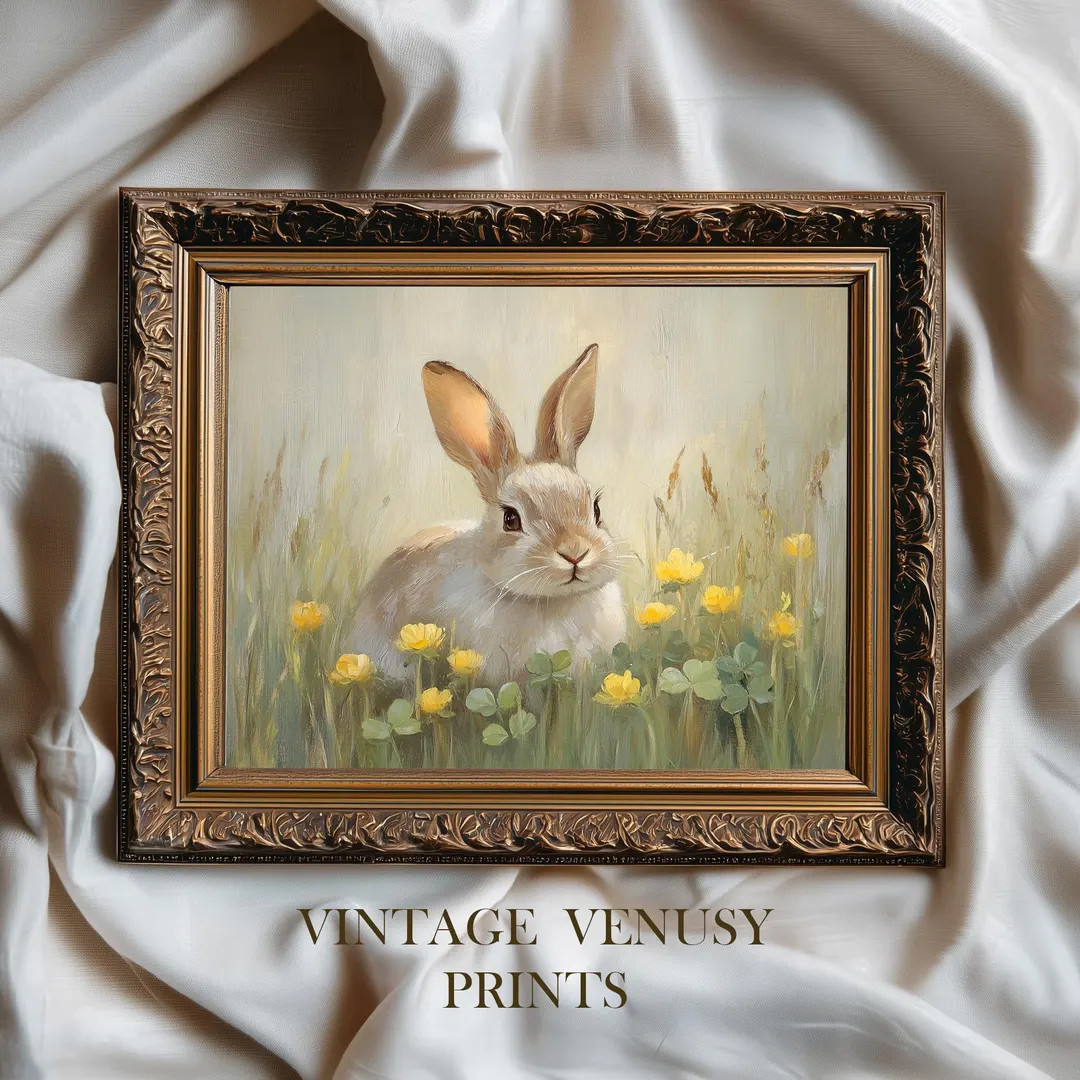Printable Easter Bunny Print - Vintage Cottagecore Art, Cozy Rabbit Painting, Pastel Spring Decor... | Etsy (US)