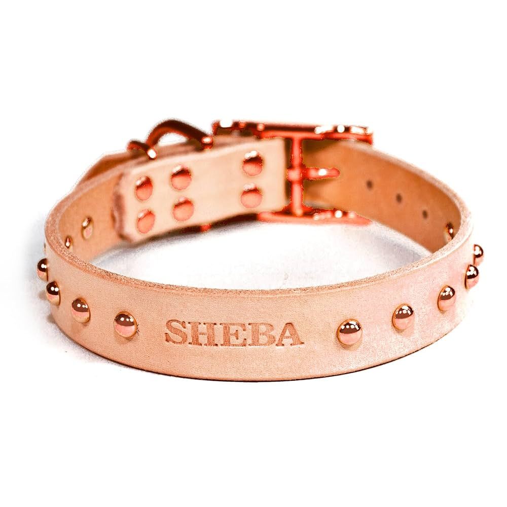 Handmade Personalized Studded Bridle Leather Dog Collar, Copper/Rose Gold Tone Buckle (Natural Be... | Amazon (US)