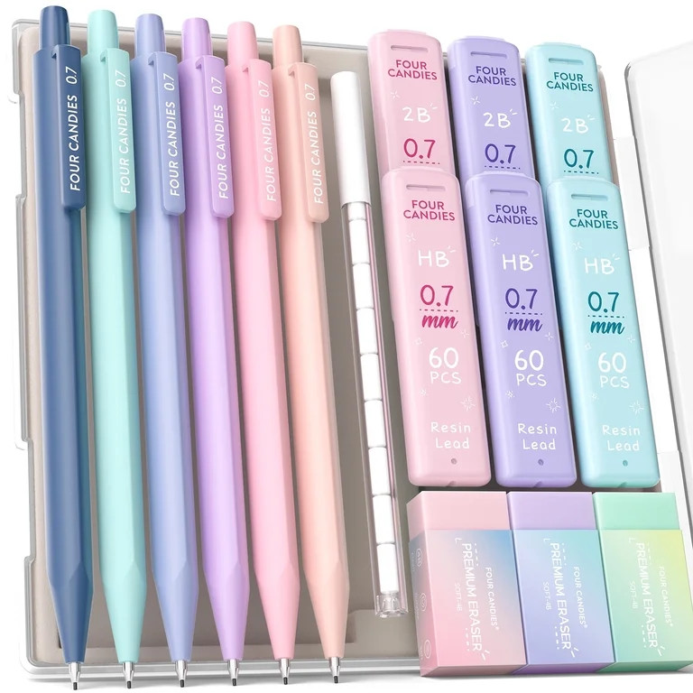 Four Candies Mechanical Pencils 0.7mm, with HB & 2B Lead Refills 0.7, Pastel Eraser Set & Eraser ... | Walmart (US)