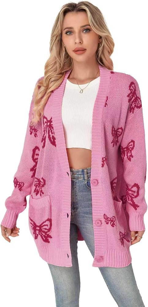 Women's Button Down Open Front Cardigan Knit Sweaters with Pockets Star Bow Print | Amazon (US)