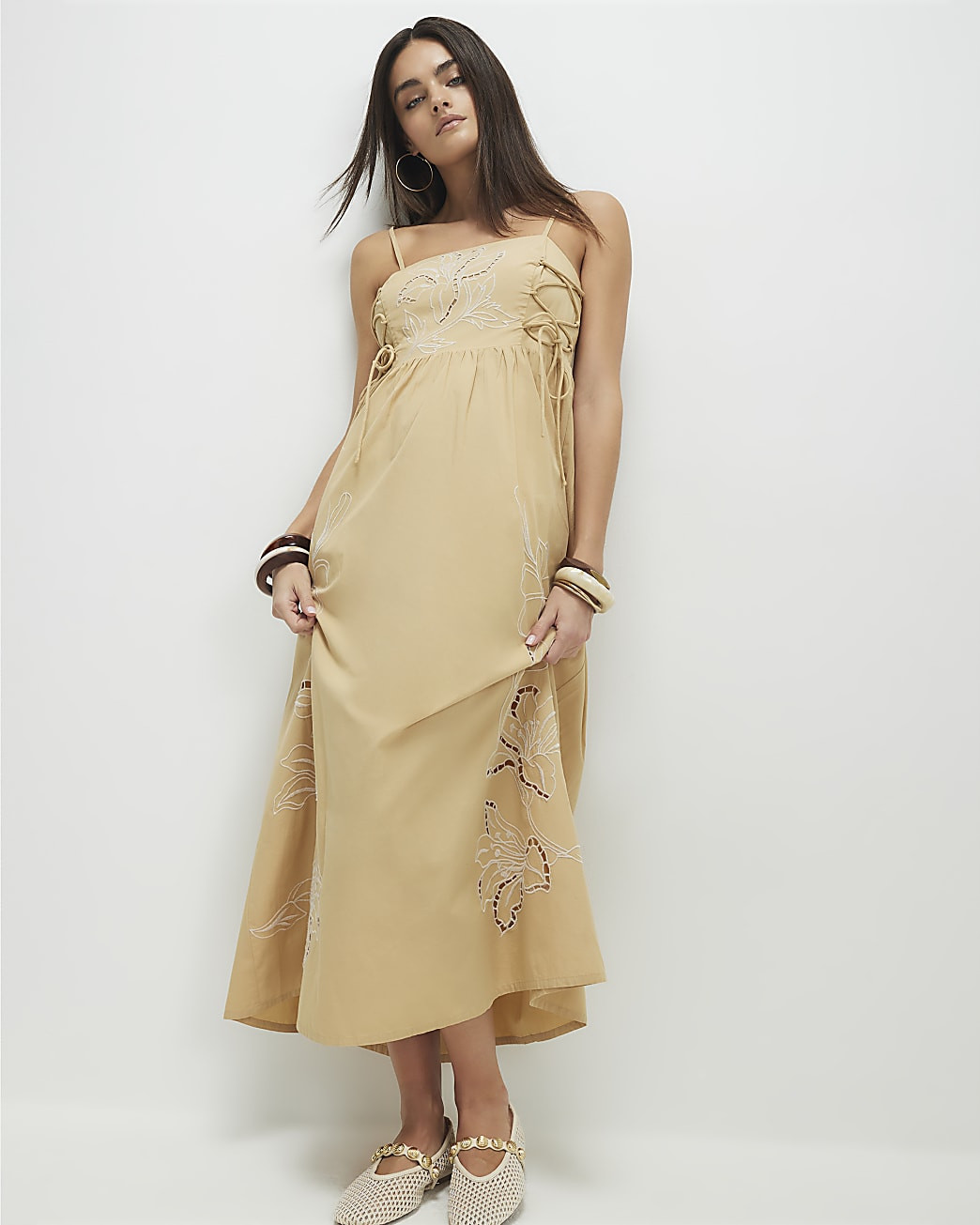 Beige Cotton Broderie Tie Side Midi Dress | River Island UK & IE