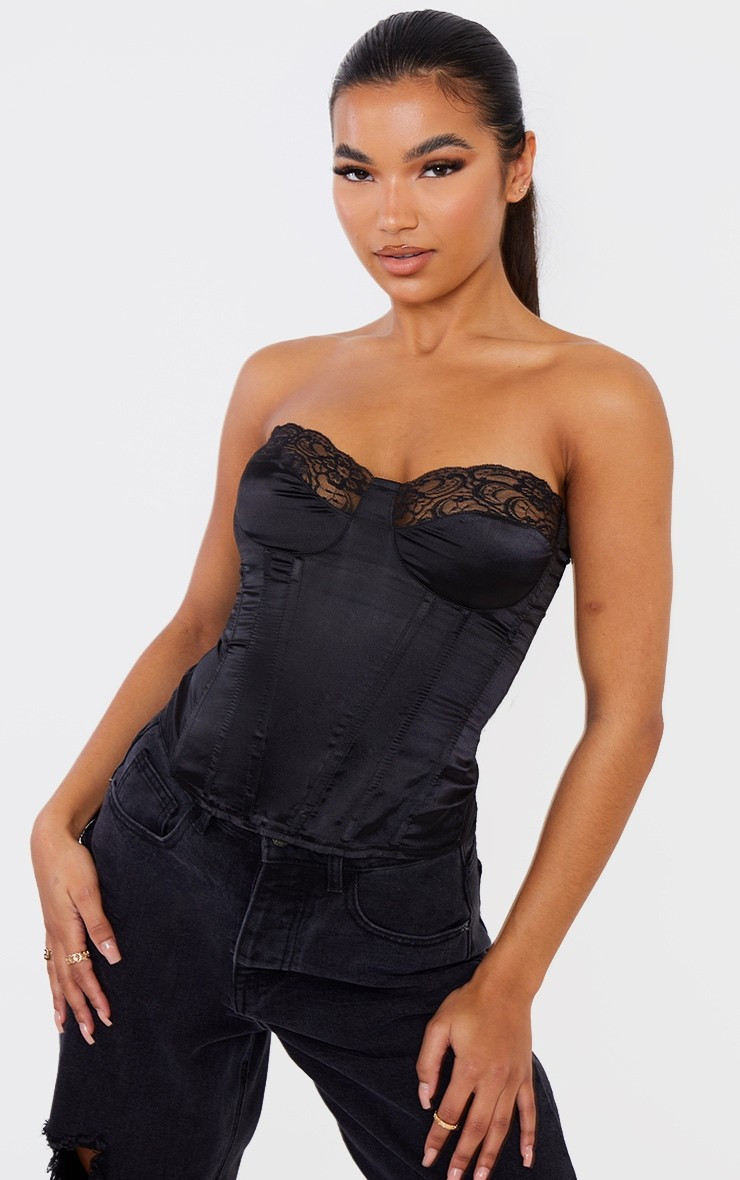 Black Lace Trim Satin Corset | PrettyLittleThing US
