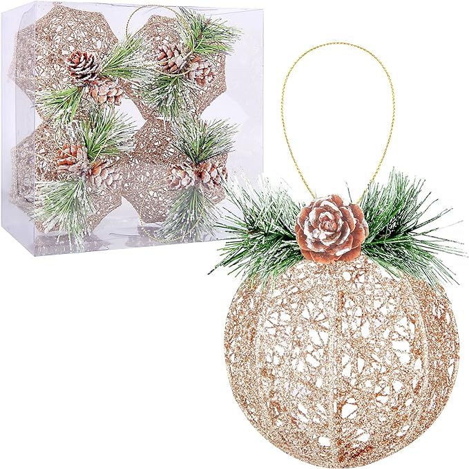 Christmas Ball Ornaments, 4pc Set Champagne Pinecone Rattan Thread String Christmas Tree Ornament... | Amazon (US)