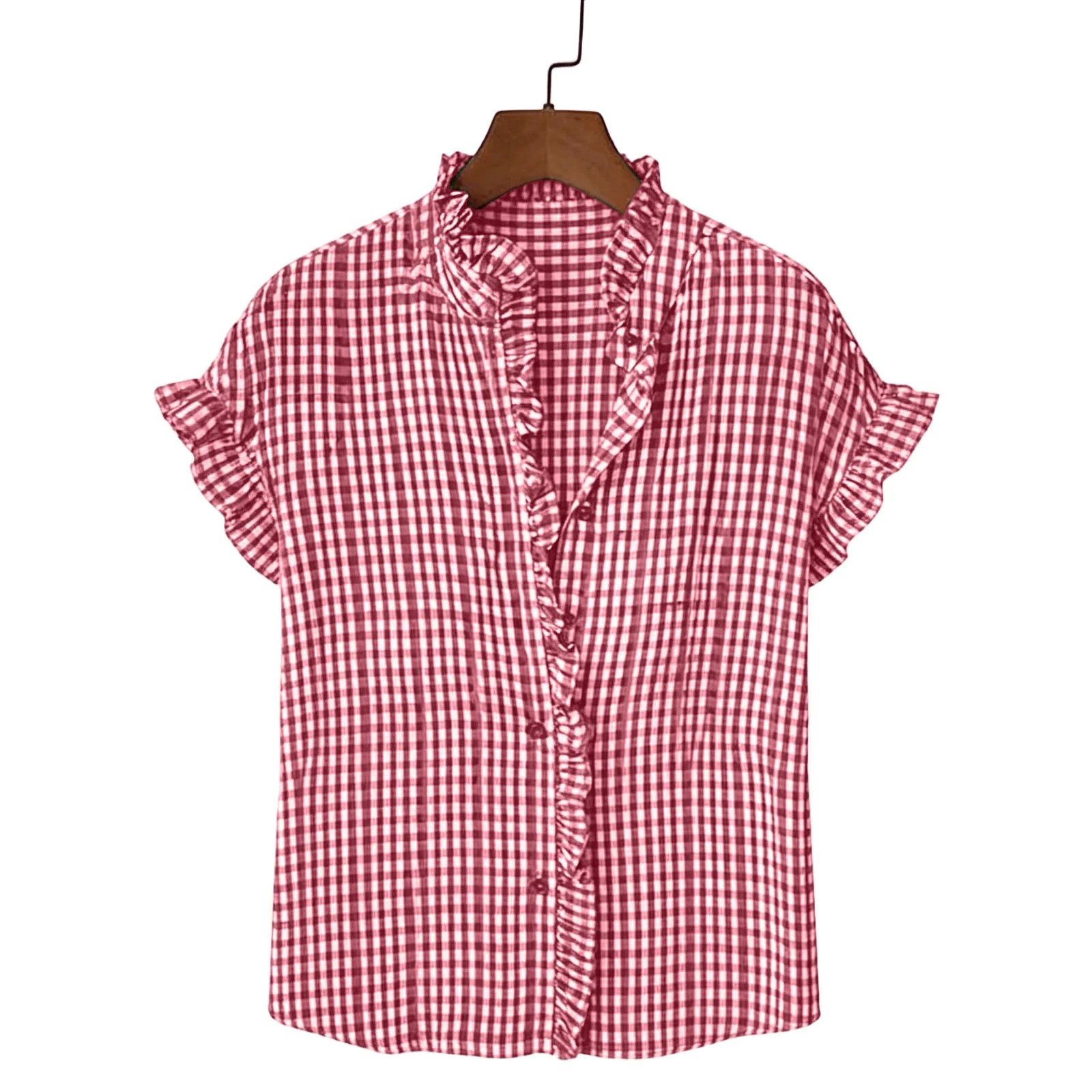 Karight Womens Gingham Ruffle Trim Blouse Short Sleeve V Neck Button Down Casual Summer Shirts - ... | Walmart (US)