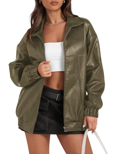 Womens Leather Jackets Casual Long Sleeve Zip Up Vintage Plus Size Fashion Motorcycle Coats Fall Winter Outfits 2024 Military Green XXL | Amazon (US)