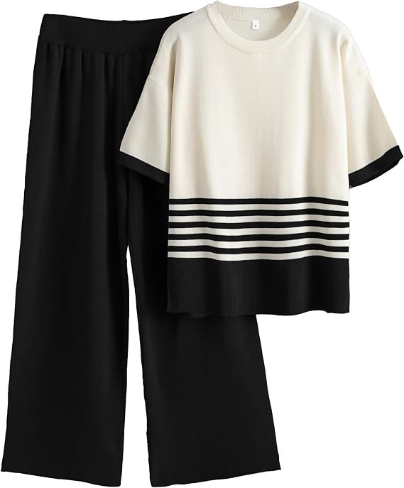 Women's Knit Lounge Sets 2 Piece Spring Summer Outfits Pullover Crew Neck Short Sleeve Wide Leg P... | Amazon (US)