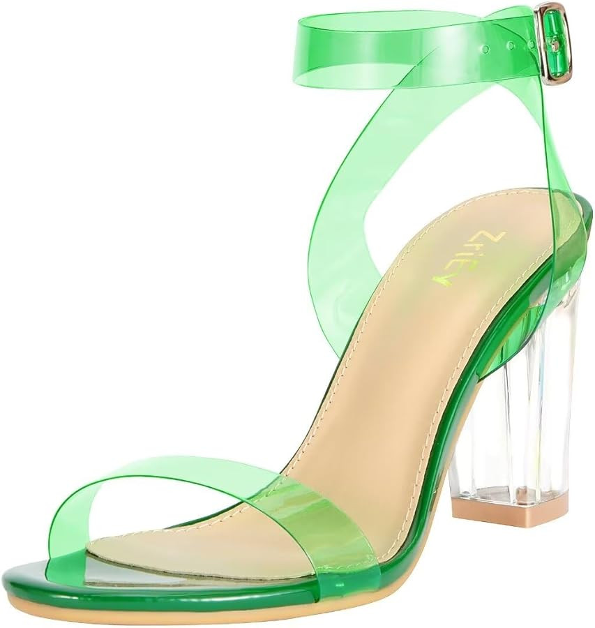 ZriEy Clear Block Sandals Chunky Heels for Women 3.35 Inch Open Toe Adjustable Ankle Strap Pump S... | Amazon (US)