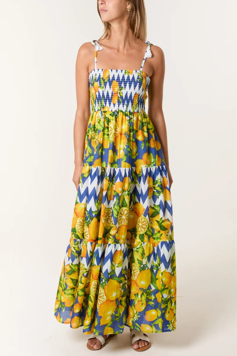 Multi | Lemon Print Shirred Dress | Blue Vanilla | Blue Vanilla