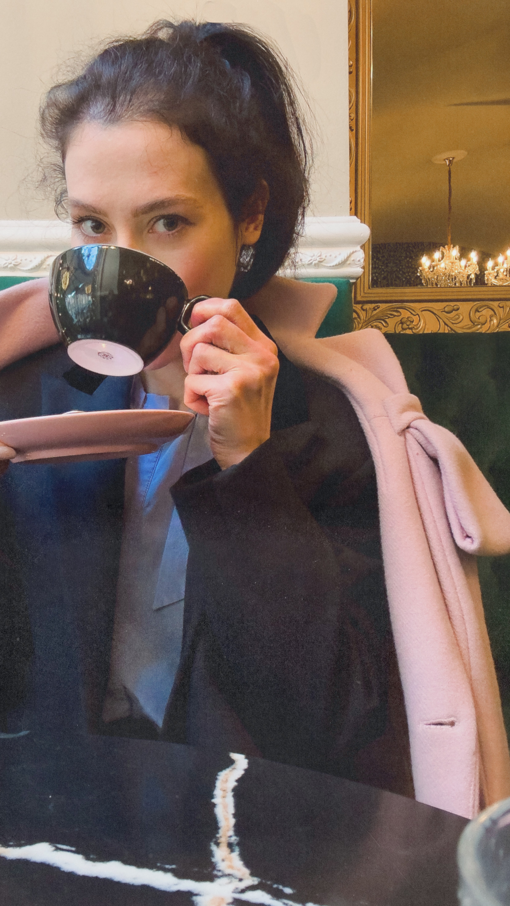 icy blue blouse, Coffee date outfit winter 2026, elegant café style, navy blazer outfit, pink coat layering, Parisian winter aesthetic, sophisticated winter look, European café fashion, chandelier aesthetic, winter date outfit, dark feminine style, elegant winter layers, marble table aesthetic, moody winter vibes, navy and pink outfit combination 

 #LTKdayinmylife #LTKootd #LTKmorningroutine